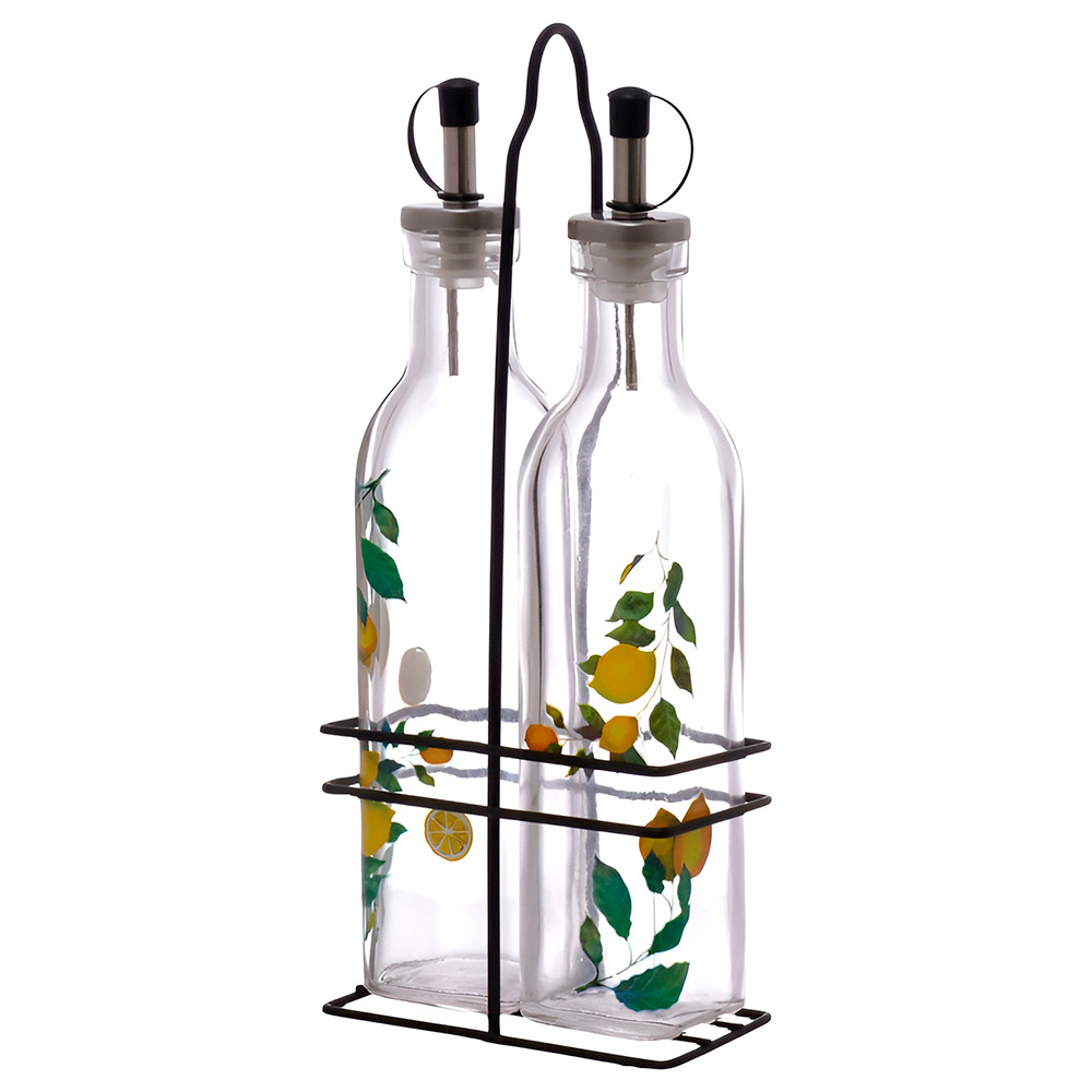 Kit 2 Galheteiros de Vidro com Dosador Azeite Vinagre 250ml Limão Siciliano Suporte Matira Haüskraft