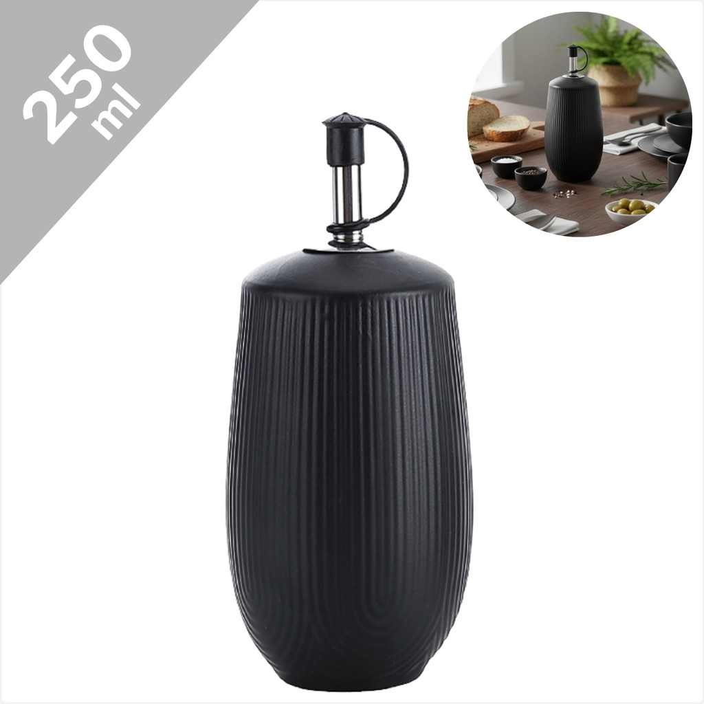 Porta Azeite Vinagre 250ml Cerâmica Preta Texturizada Com Bico Dosador Cozinha Gourmet De Luxo Oásis