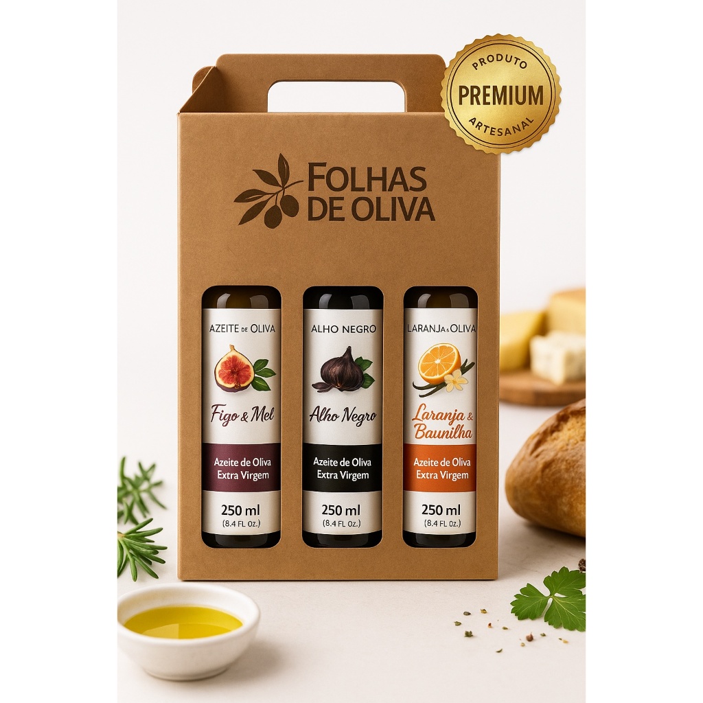 Kit 3 Azeites Premium 250ml | Tradicional ou Saborizados Naturais – Presente Artesanal Gourmet