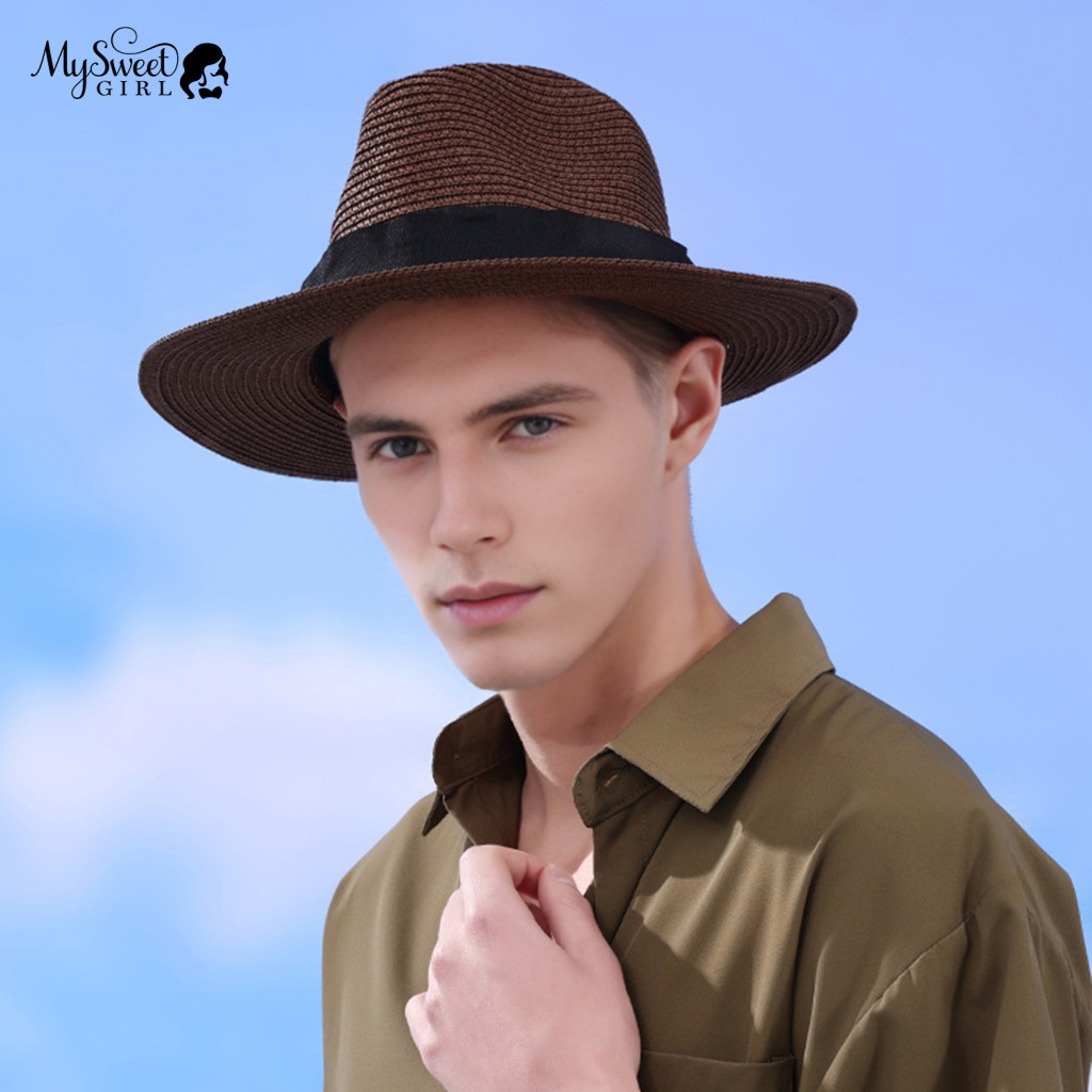 Outdoor Summer Hat Beach with Wide Wrap-around Brim Uv Protection Breathable Natural Straw Sun Flat Top for Tropical Tra