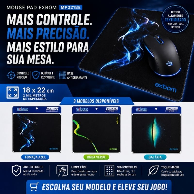 Mouse Pad Exbom MP2218E 18x22cm Antiderrapante Tecido PremiumTamanho: 62 caracteres — dentro do limite de 120.