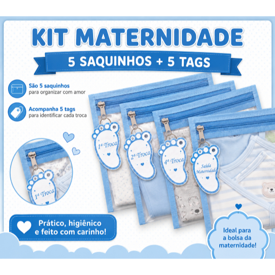 Kit Saquinho Saco Maternidade Bebê Organizador  + 5 Tag de Identificação de Troca