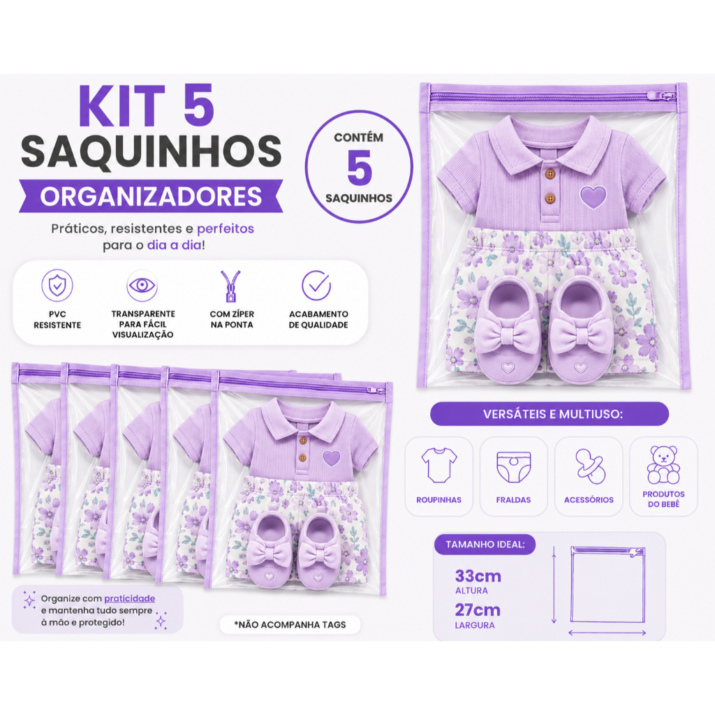 Kit 5 Saquinho Saco Maternidade Bebê Organizador