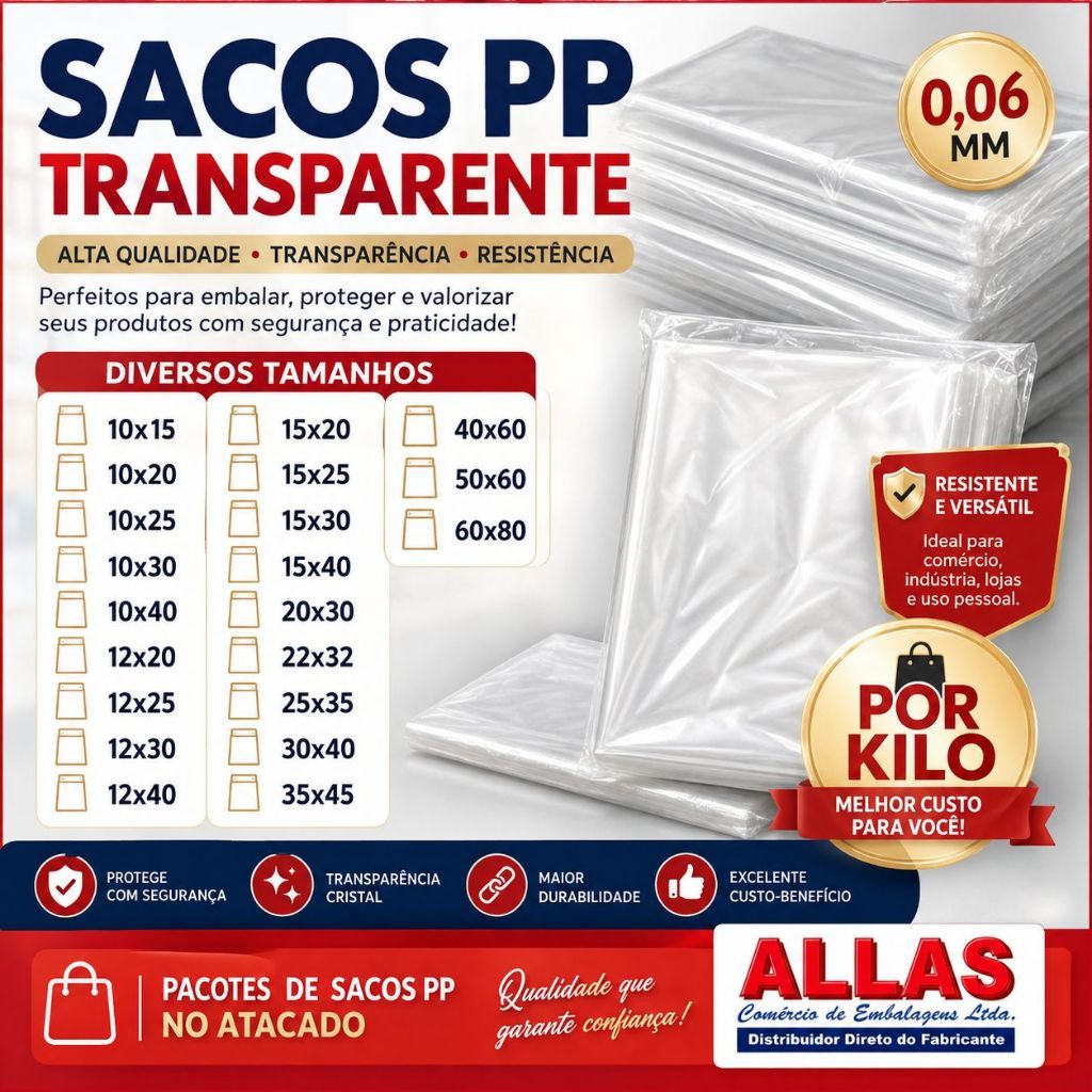 PCT/ 1KG - 0,06 - SACO PP SAQUINHO TRANSPARENTE P/ALIMENTOS, ROUPAS, OBJETOS, ETC - VARIOS TAMANHOS
