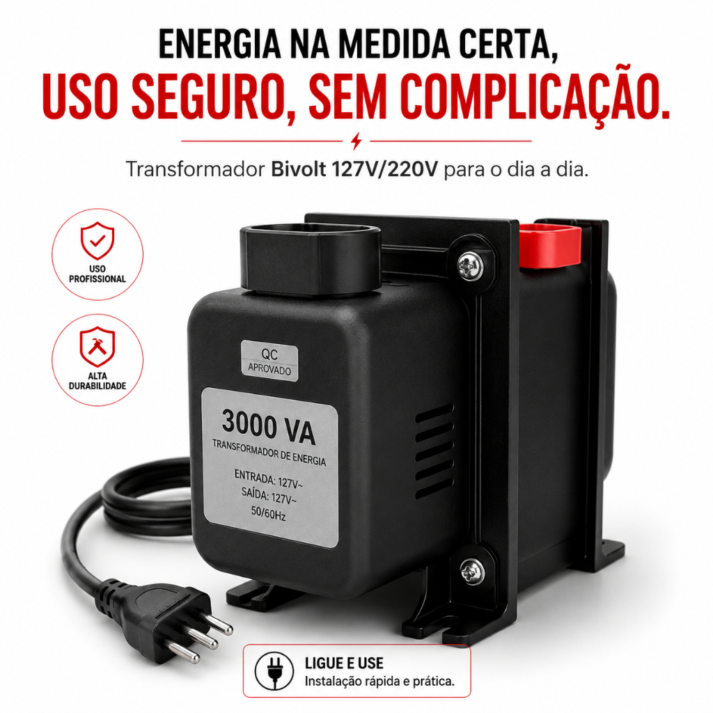 Protetor Universal de Eletrônicos Seguro e Prático - Transformador Bivolt Premium  -110V/220V 500VA a 5000VA