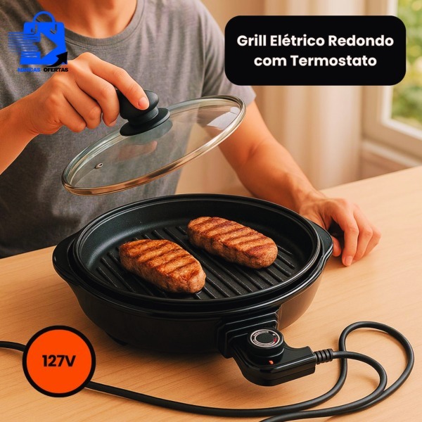 Grill Elétrico Redondo Premium 40cm com Termostato Ajustável 1200W Antiaderente – 127V | 220V