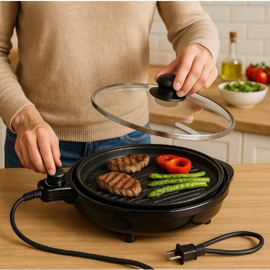 Grill Eletrico Redondo Premium Termostato Ajustavel 220v Preto Churrasqueira Interna