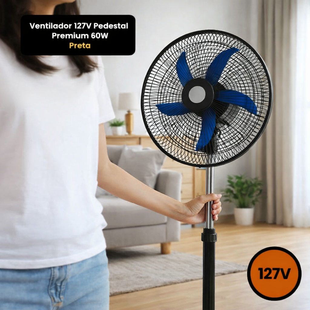 Ventilador De Pedestal Premium 60W 127V/220V Preto Oscilante 3 Velocidades Altura Ajustável