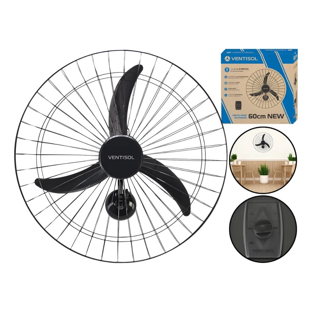 Ventilador Parede 50/60 cm New Preto 127V/220V Premium Ventisol