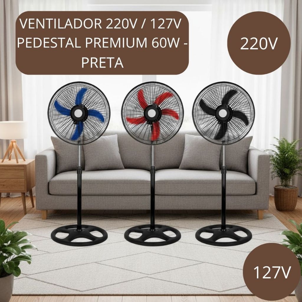 Ventilador de Coluna 220V / 127V Pedestal Premium 60W 5 Pás 3 velocidades Grade de 50 cm Ventilador de Pé Calor - Preta