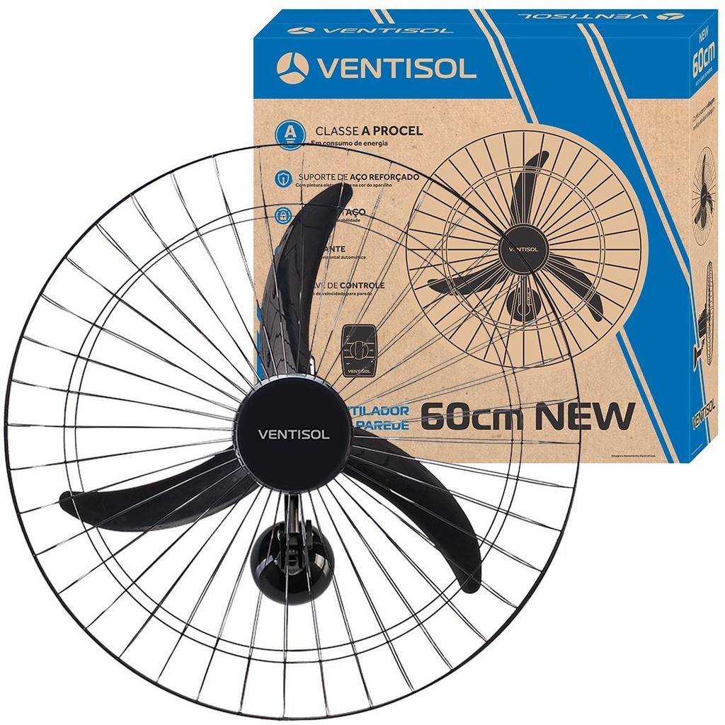 Ventilador de Parede Oscilante Ventisol New 60cm 220V 3 Pás Premium com Regulagem Preto