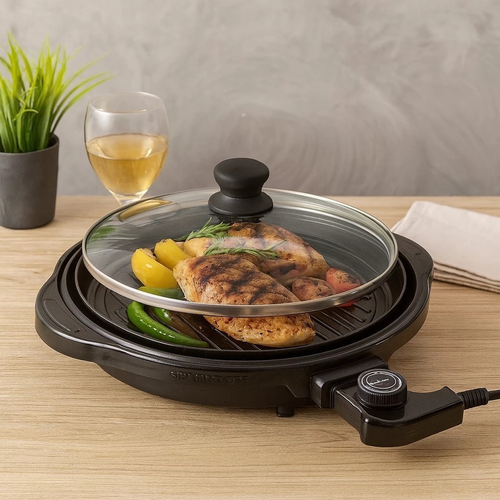 Grill Elétrico Redondo Premium com Termostato 127V 220V Preta Churrasco Sem Fumaça Compacta