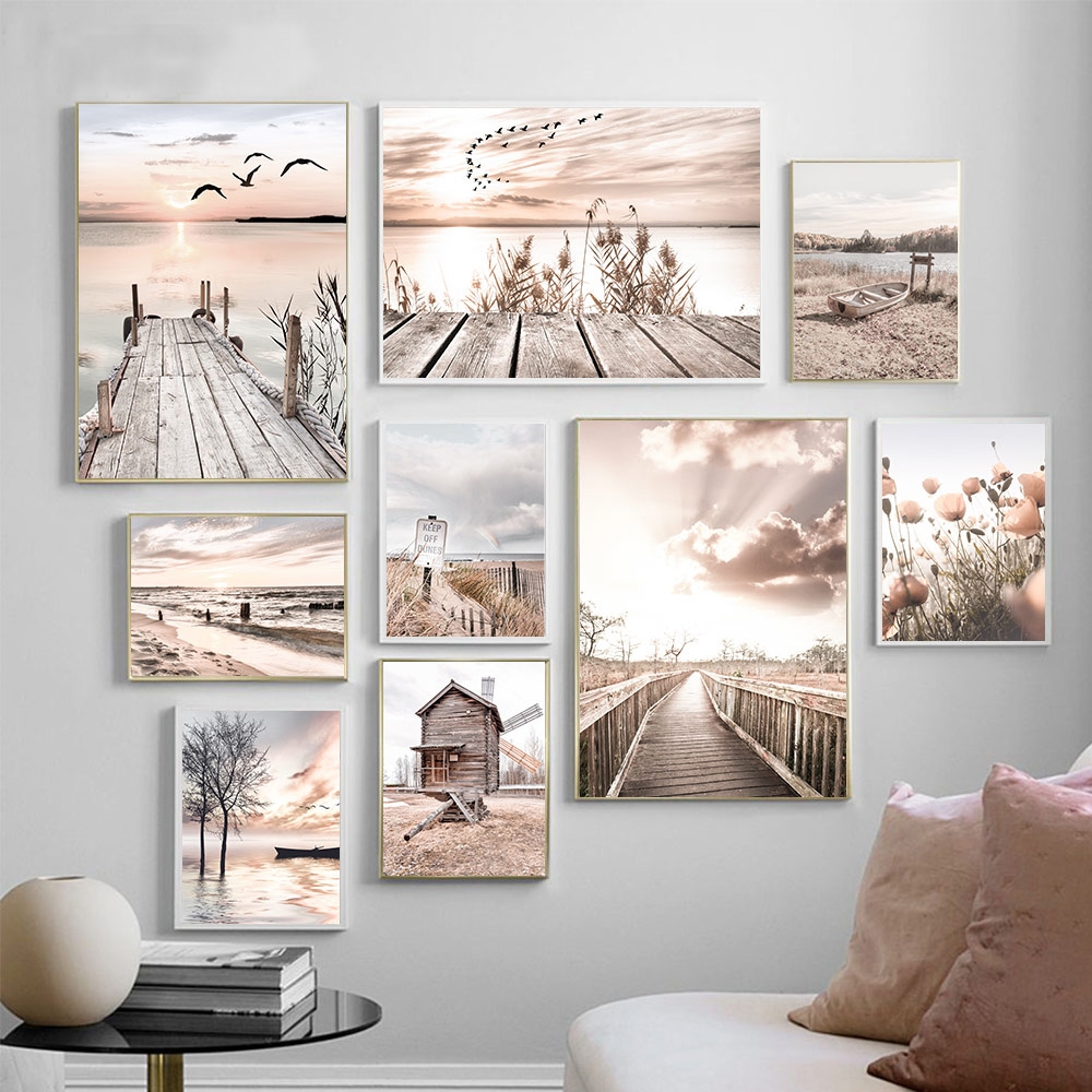 Quadro Nordic Wall Pictures for Living Room Decor, Sea Landscape , Beach Poster, Ponte de madeira, Hay Flower, Art Painting