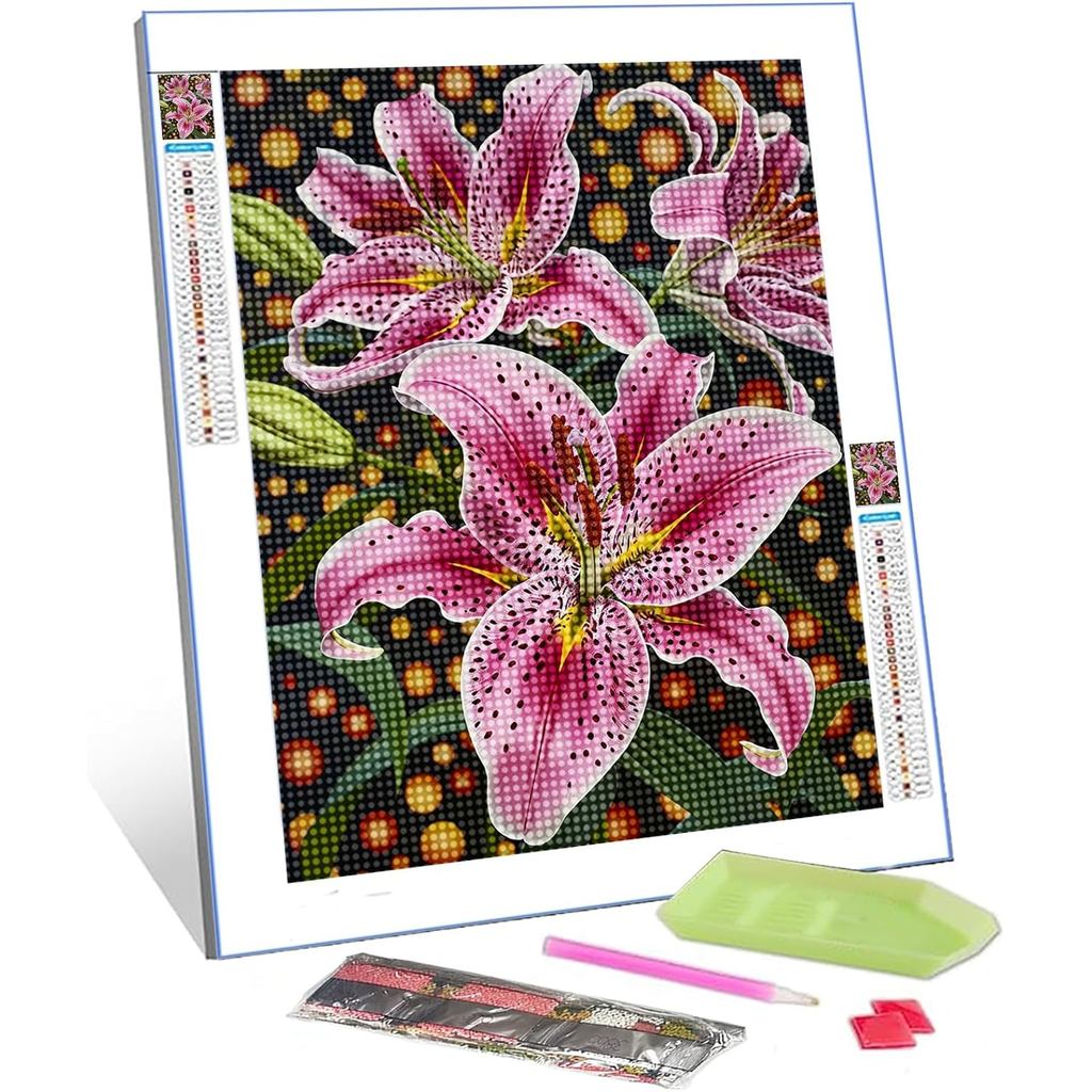 Lilly Flower Diamond Painting DIY 5D, Numbering Kit, Tropical Green Leaves Artwork/Pictures Red Lilium Floral Wall Art C
