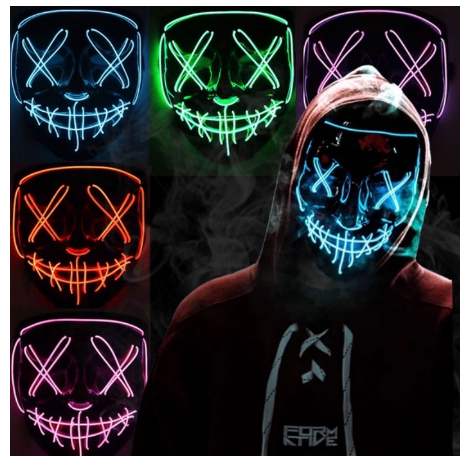 Máscara LED Halloween THE PURGE Festa Neon Carnaval Luz Luminosa com Controlador- Fantasia Horror