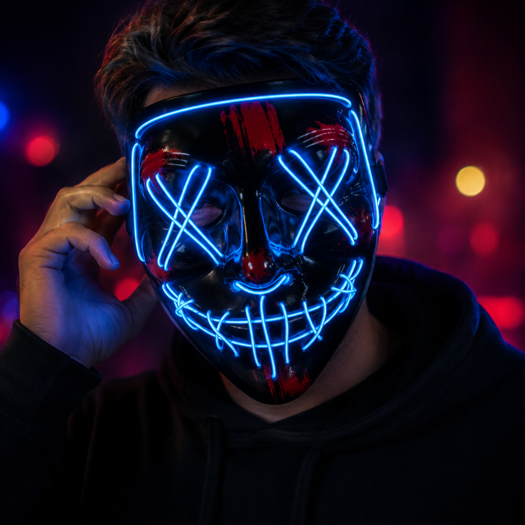 Máscara LED Neon Halloween Terror Purge com Luz 3 Modos Fantasia Festa Carnaval Cosplay