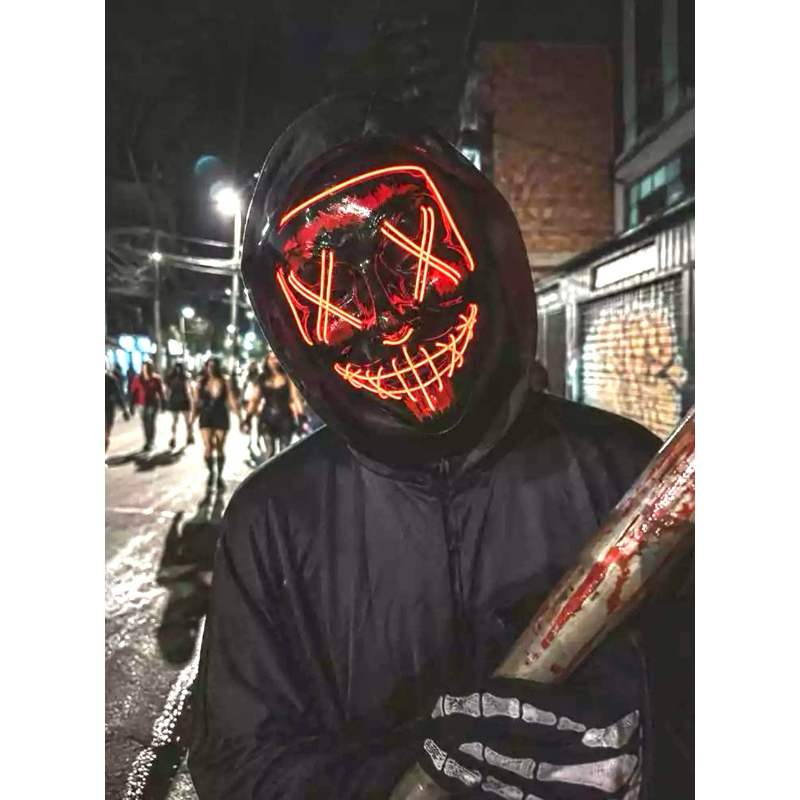 Máscara LED Halloween Purge Neon Colorida | Máscara Luminosa Fantasia Terror | Festa Cosplay