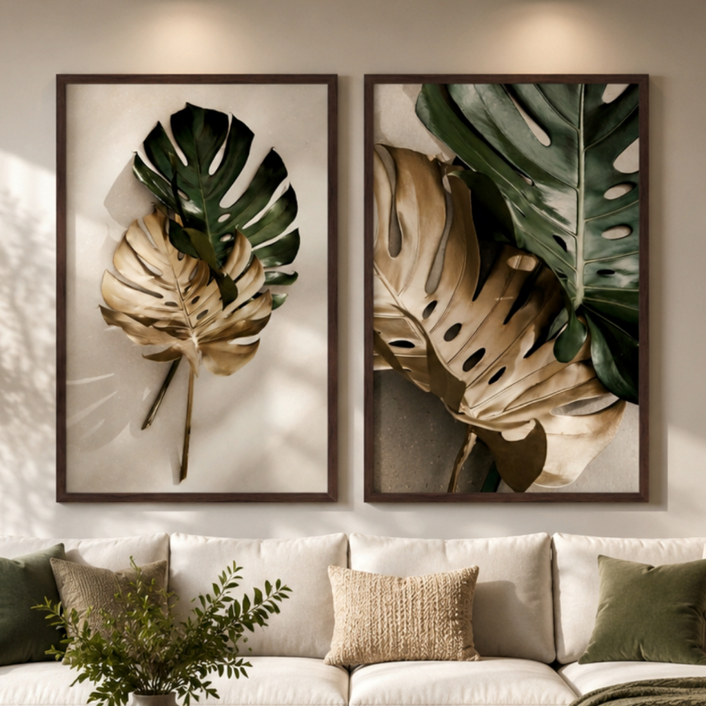 Kit 2 Quadros Decorativos com Moldura Quarto Sala Decoração Folhas Tropicais Verdes e Douradas Vidro