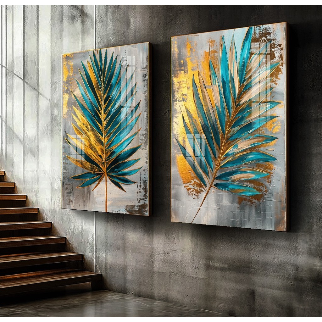 Kit 2 Quadros Decorativos Arte Folha Verde Dourado Tropical Casa Interiores Quarto Botânico