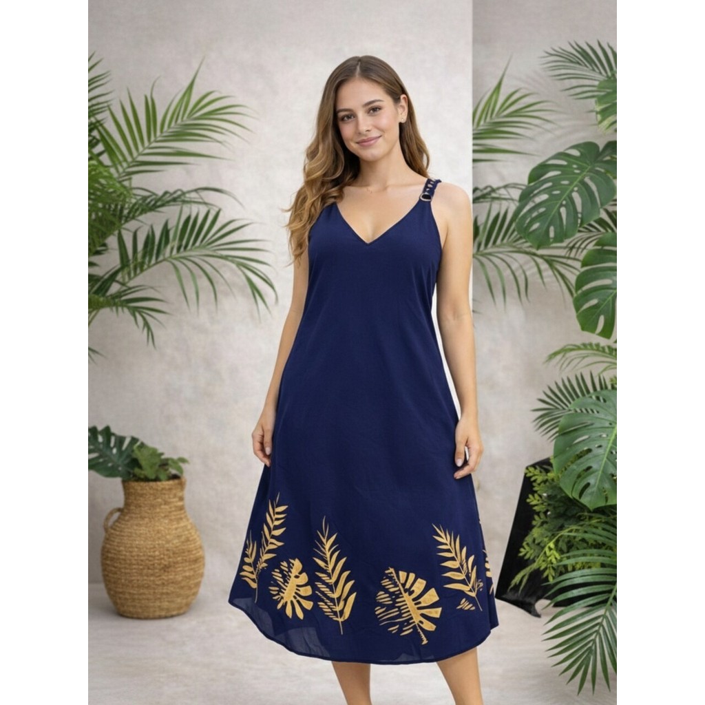 Vestido Midi Azul Petrole com Estampa Tropical Dourada-GE01506