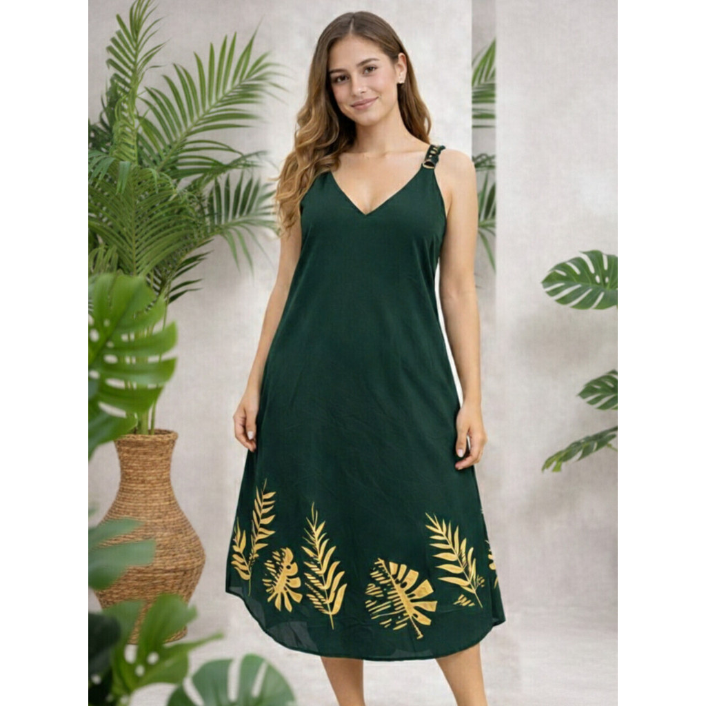 Vestido Midi Verde Esmeralda com Estampa Tropical Dourada-GE01506