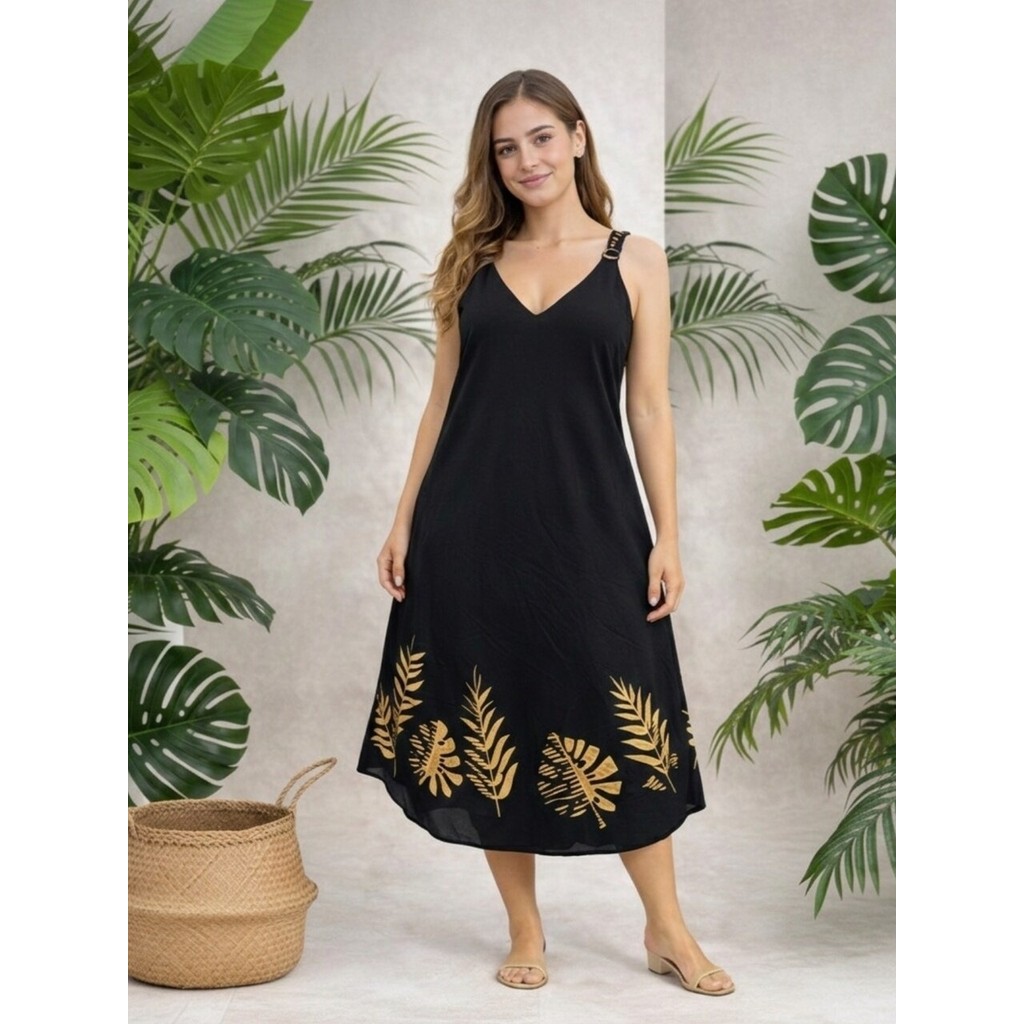 Vestido Midi com Estampa Tropical Dourada-GE01506