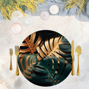 Jogo Capas Para Sousplat Em Tecido - Folhas Tropical com Dourado 6 peças