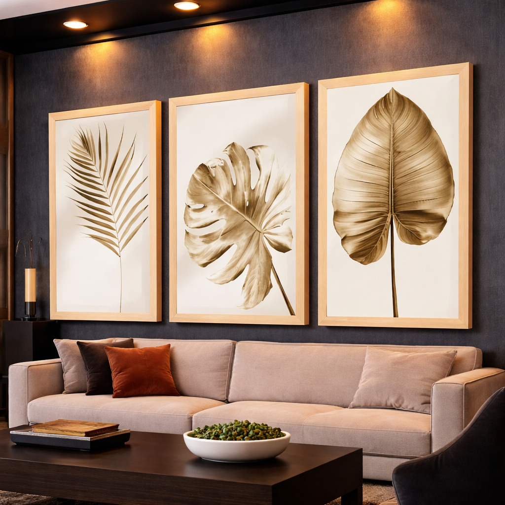 Kit 3 Quadros Decorativos Floral Botânico Tropical Neutro Dourado Mosaico Sala Quarto Escritório