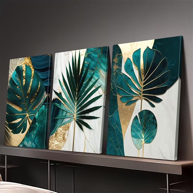 Quadro Decorativo Folhagens Tropicais em Verde e Dourado