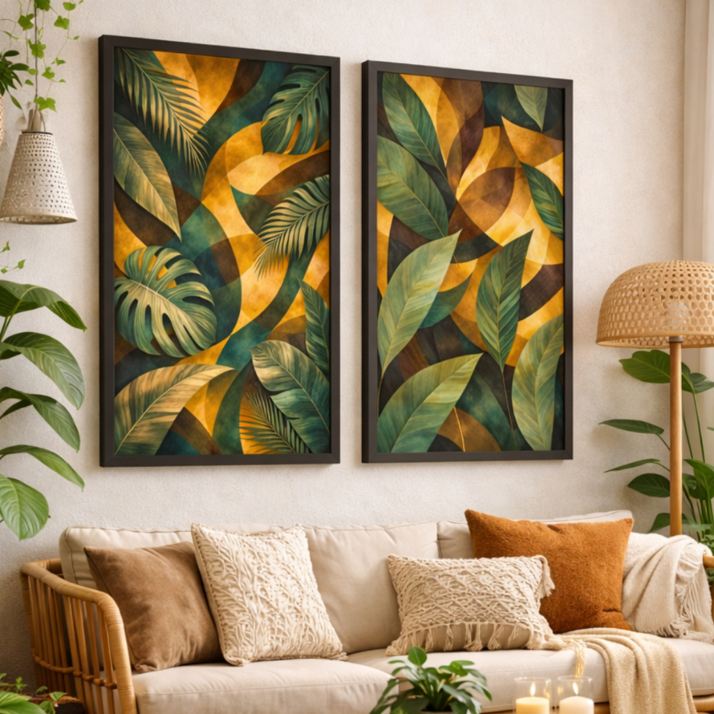 Kit 2 Quadros Decorativos com Moldura Sala Quarto Decorativos Folhagem Tropical Dourada Verde Vidro