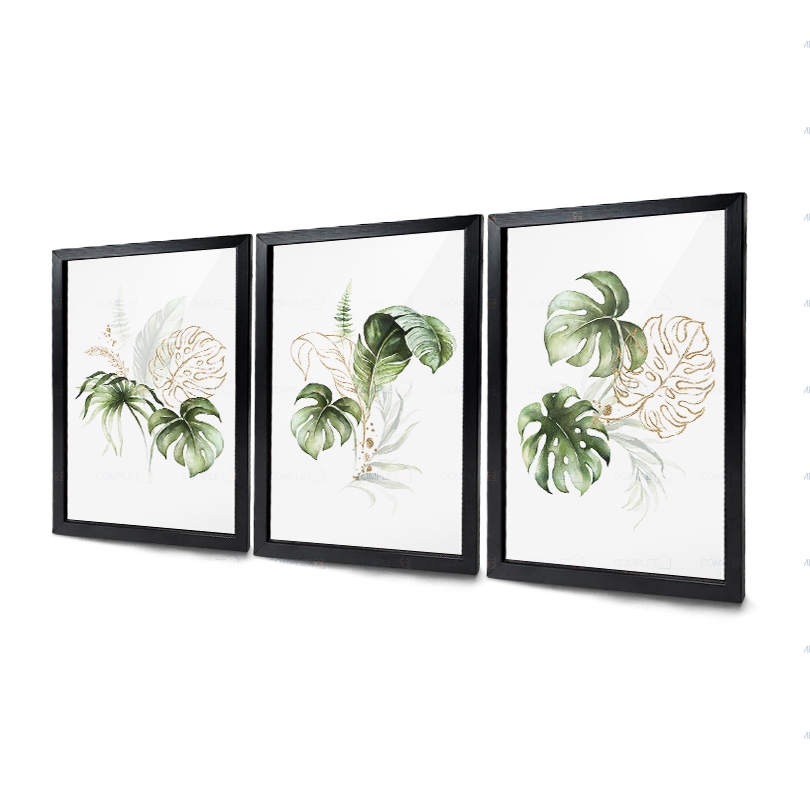 Quadros floral tropical aquarela - folhas costela de adão verdes e douradas Moldura e Vidro