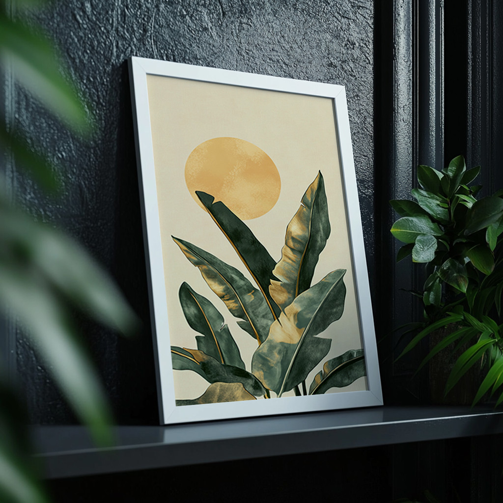 Quadro Com Moldura Folhas Tropicais Sol Minimalista Natureza Verde Dourado Parede Moderna