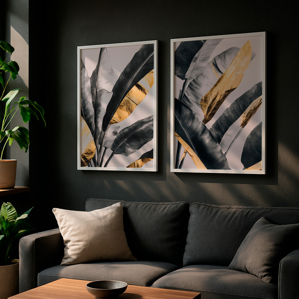 Kit 2 Quadros Folhagem Dourada Preto Elegante Tropical Moderno Sala Sofisticada com moldura