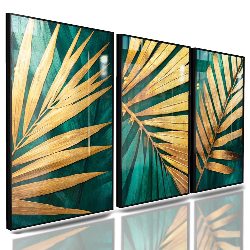 Quadros Decorativos 3 Peças Folhas Dourada Tropical Fundo Verde Casa Sala Quarto Decoração Hall