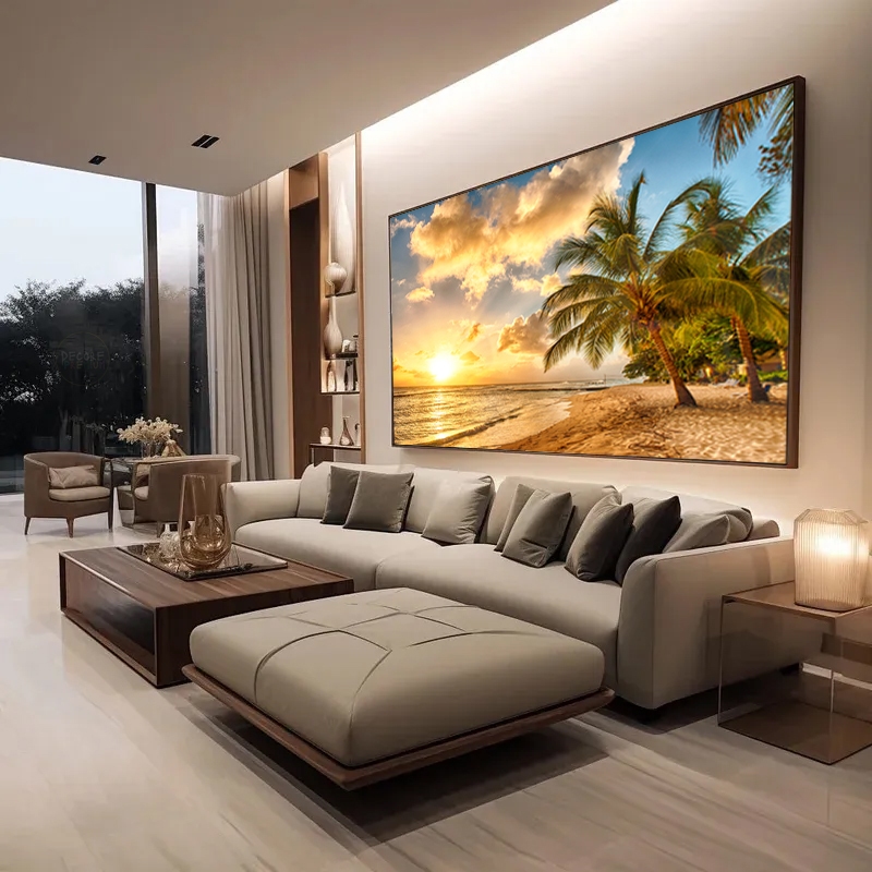 Quadro Decorativo Sala Praia Paraíso Tropical Coqueiros Pôr do Sol Mar Dourado Horizontal Com Moldura e Vidro