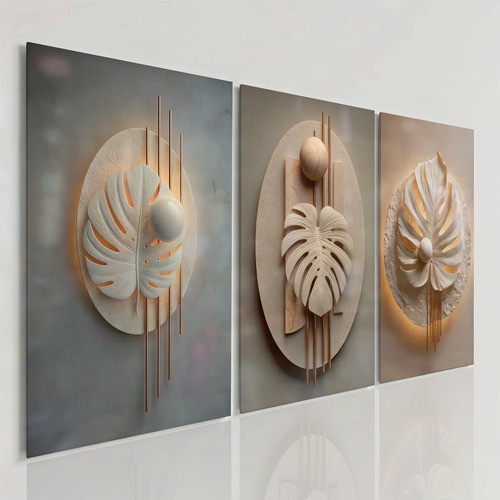 Quadros Decorativos Folhas Tropicais Tons Gold 3 Peças Mosaico Sala Hall