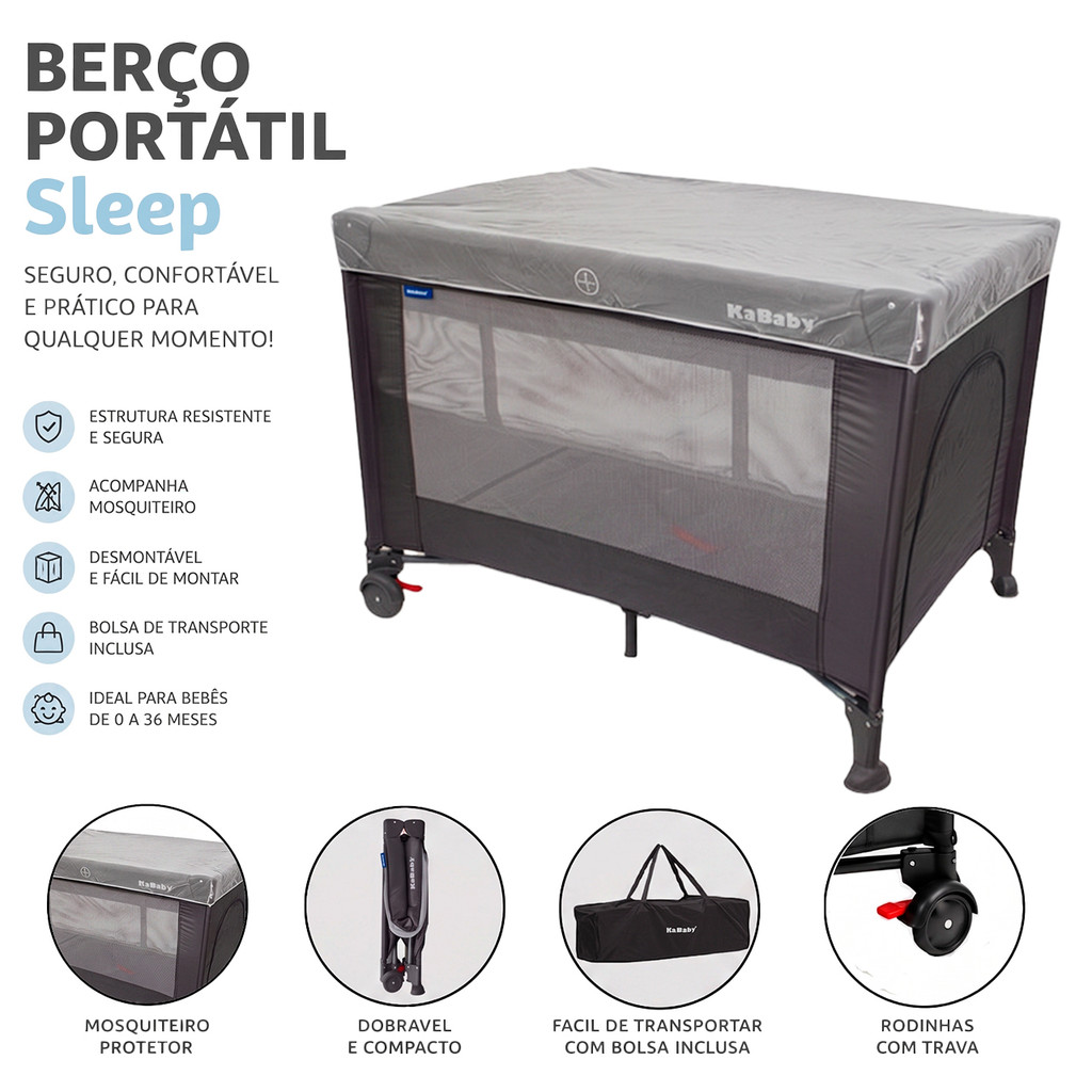 Berço Portátil Infantil Cercado Desmontável Com Mosquiteiro Sleep Cinza Kababy