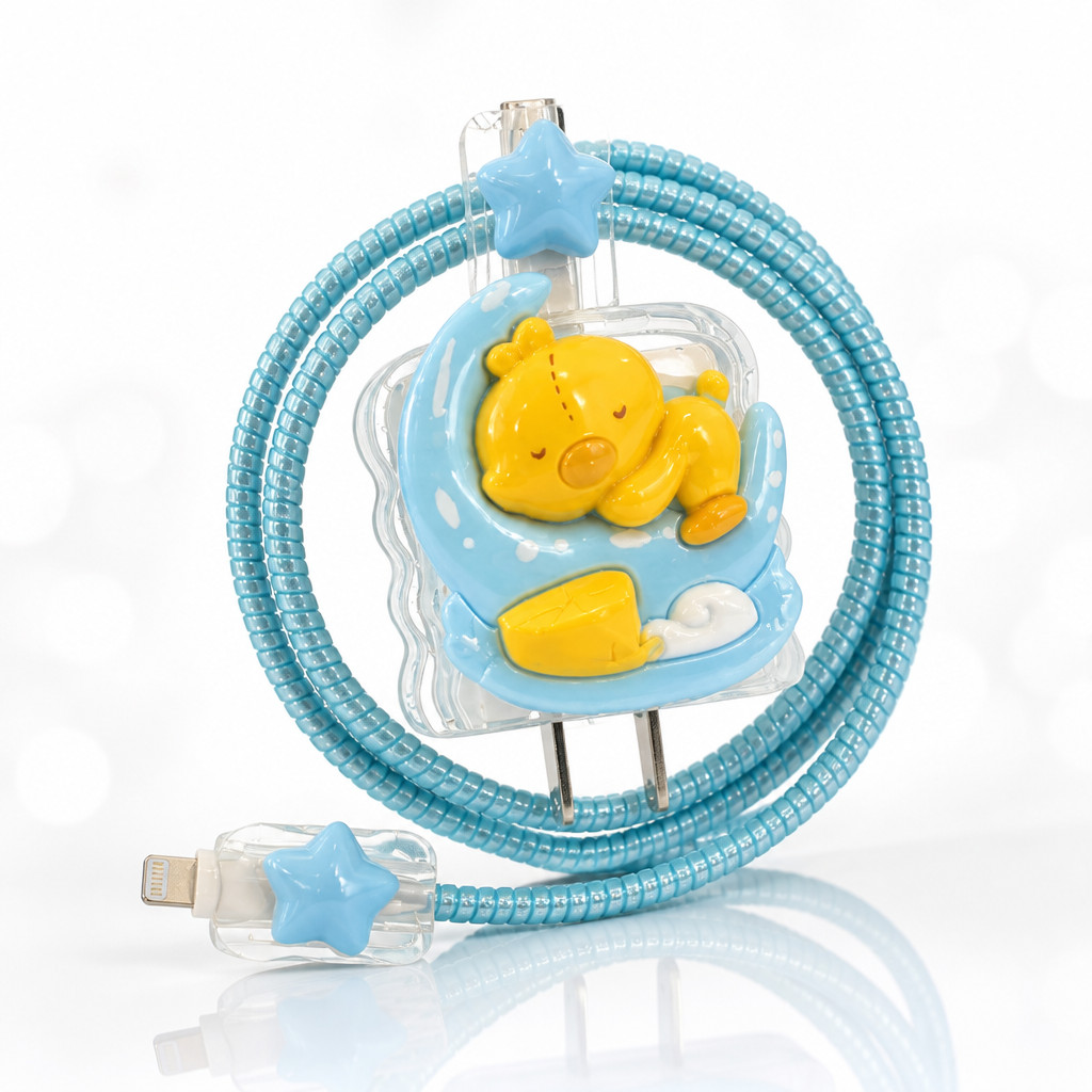 Dream Ducky Patinho Dormindo Compatível com Carregador Apple Lua Estrela Cabo Azul Protetores Design 3D Fofo Proteção