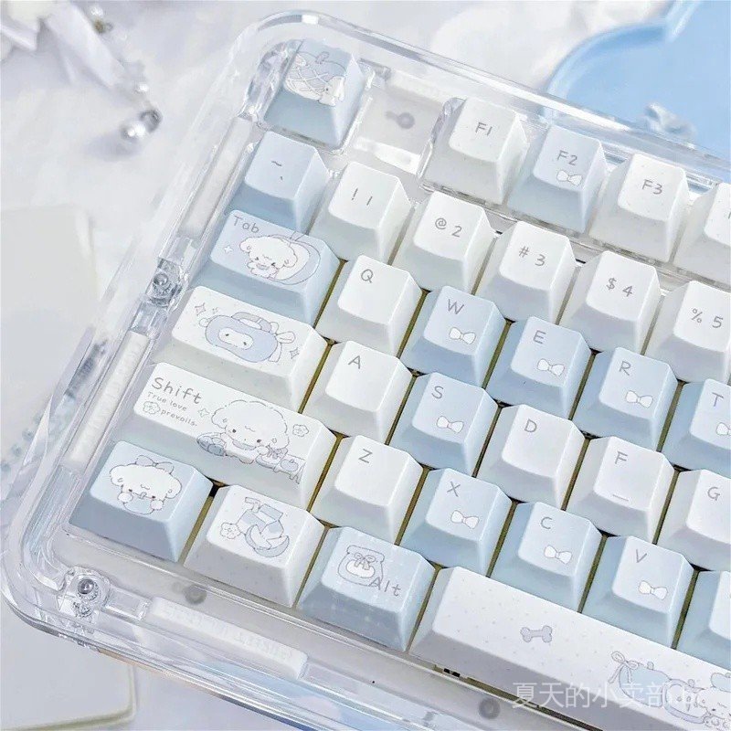 Teclas PBT com perfil Apple Cherry, design de cão azul e rosa, 143 teclas, conjunto de teclas Kawaii para teclado mecâni