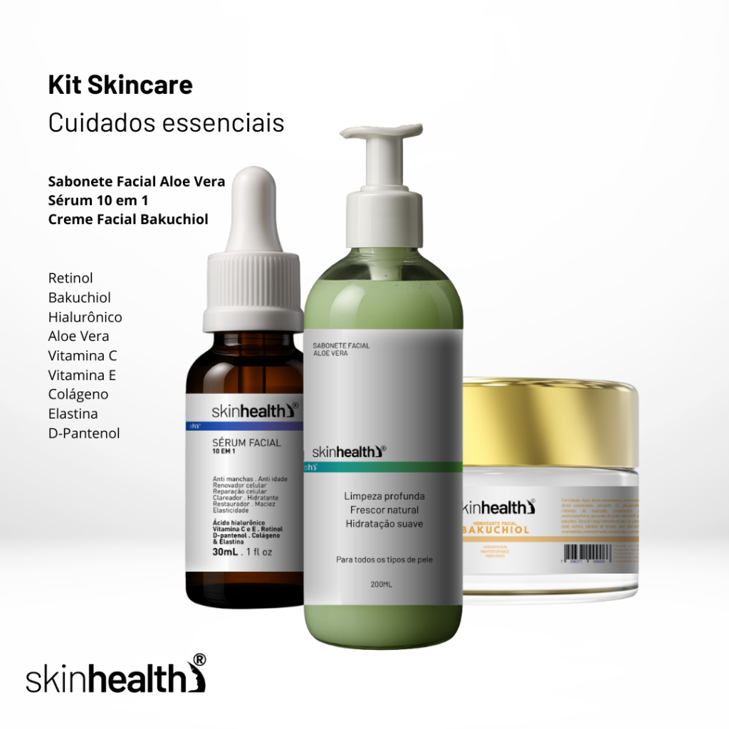 Kit Skin Care Completo Anti-Idade - Sabonete Aloe Vera Sérum 10 em 1 Creme Bakuchiol Skinhealth