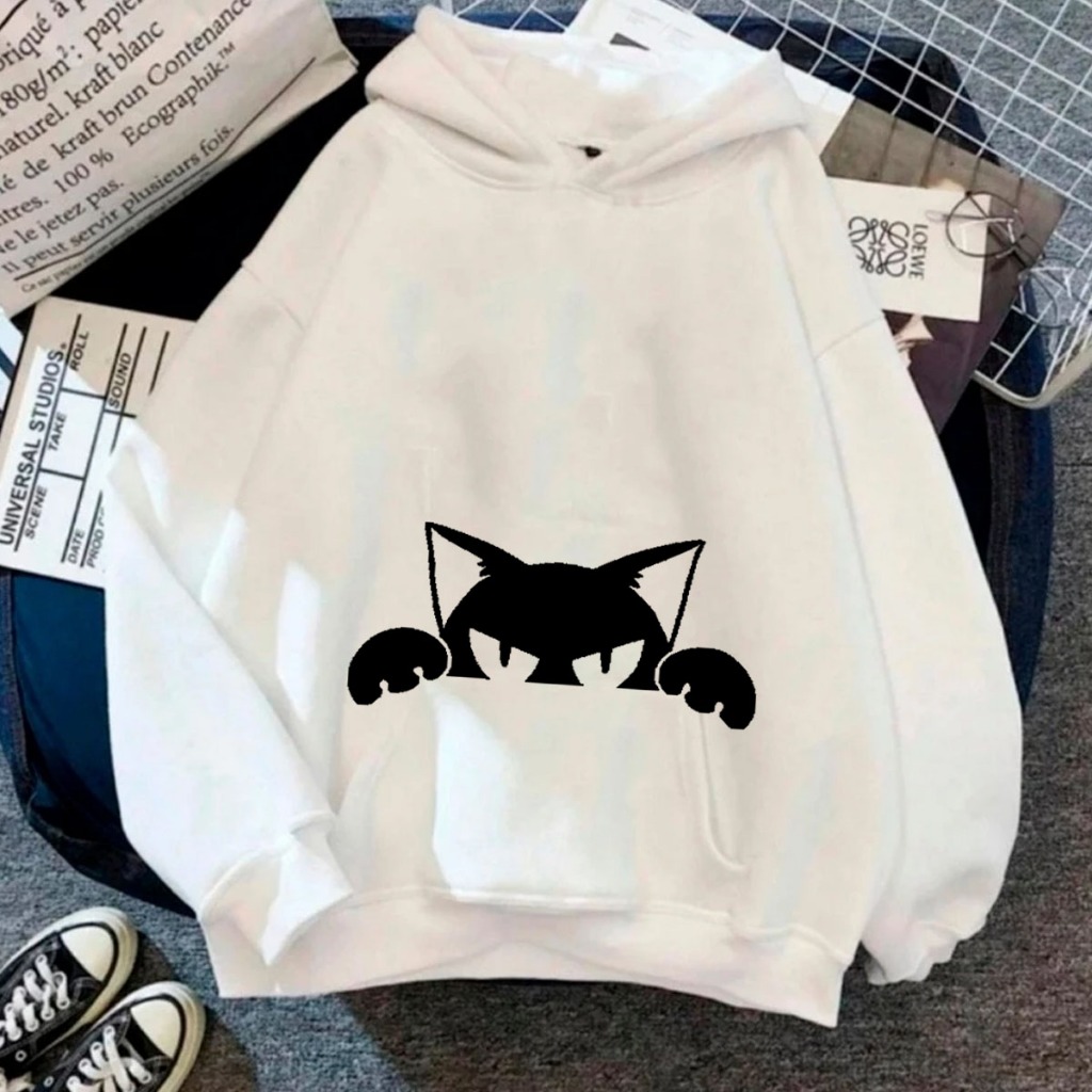 Moletom Canguru Inverno Capote Blusa Capote Unissex C/ Capuz Gato Cat Meow Fofo Lindo Casual Desenho Bonitinho RR