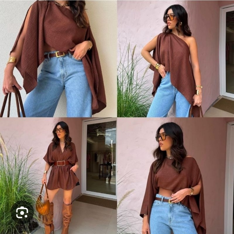 Blusa Bata  Feminina Boho Chic Multiformas Manga Morcego com Top Faixa