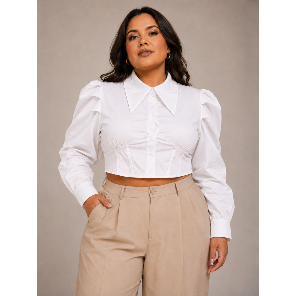 Cropped Feminino Cinturado Corselet Manga Longa Gola Alta Elegante Festa Social Luxo Chic