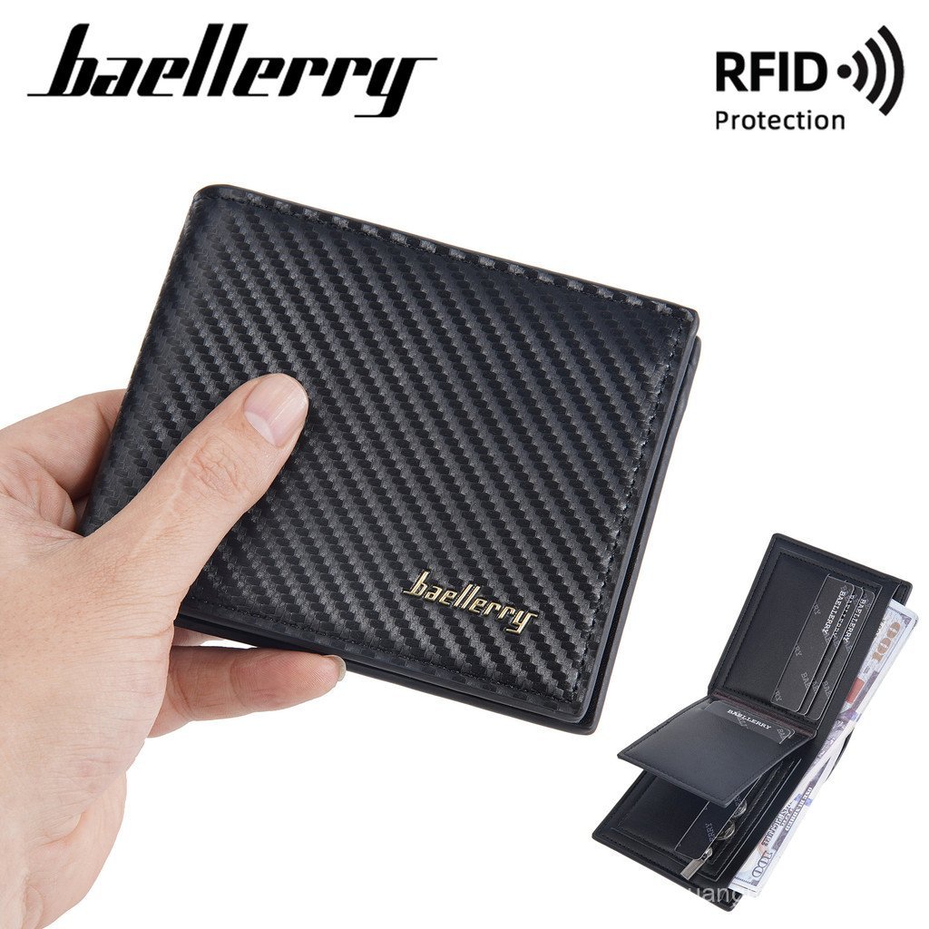 Carteira masculina de fibra de carbono PU de alta qualidade com proteção RFID anti-magnética, carteira curta com zíper p