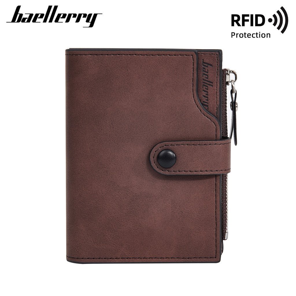 Carteira Curta Masculina Retro com Proteção RFID Anti-Magnética, Carteira Tripla com Zíper e Porta-Moedas HWBB