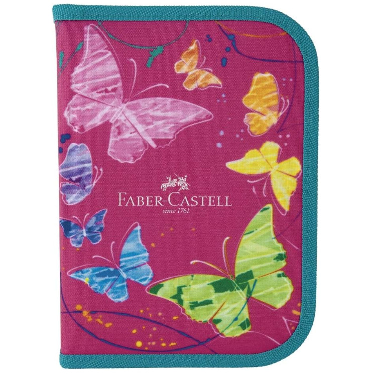 Estojo Nylon Borboleta Rosa - Lápis de Cor 12 Cores, 2 Canetas, Lápis Grafite, Régua, Apontador e Borracha