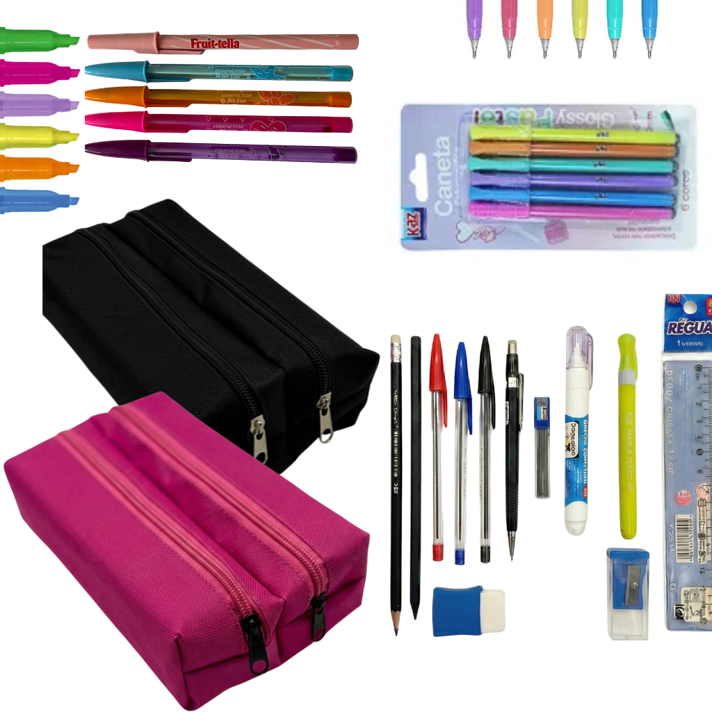 Estojo Duplo Escolar Nylon ou Kit Caneta Lapiseira Corretivo Borracha | Resistente | 5 Cores Disponíveis