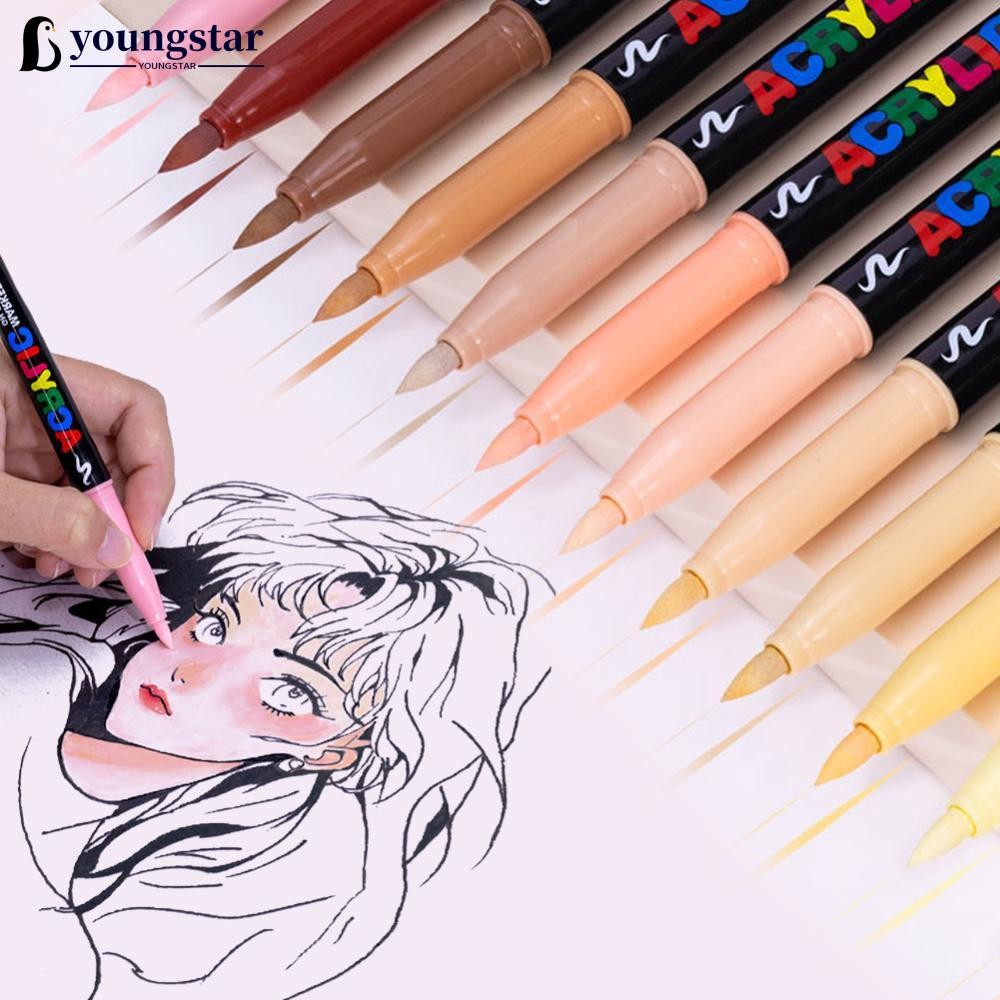 YOUNGSTAR 12 Cores Marcadores De Tom De Pele Canetas Nylon Cabeça Macia Acrílicos Caneta À Prova D'água Pincel Macio Nib
