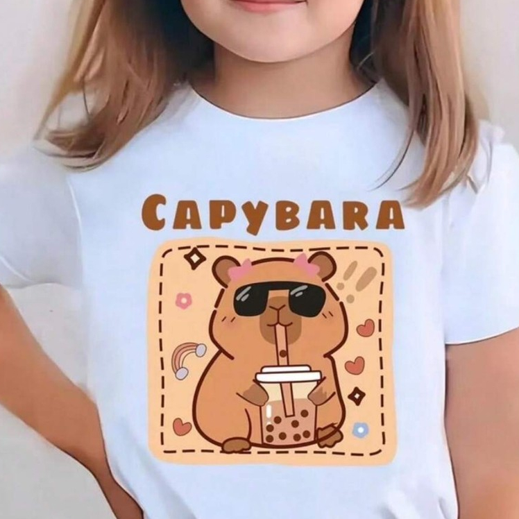 Camiseta Feminina Infantil Fofa Especial Estampa Capivara 100% Algodão Menina 2 ao 16 Reforçada