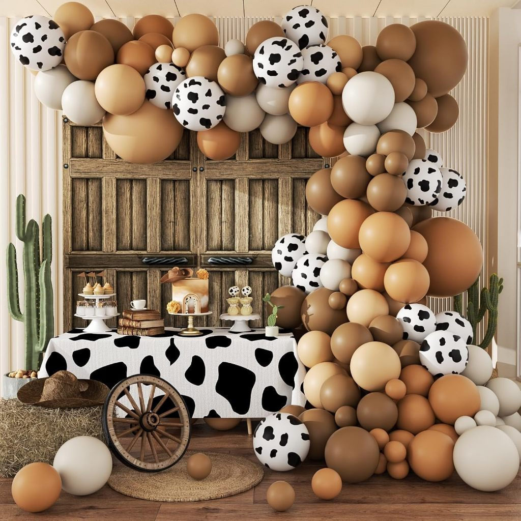 Kit de Arco de Balões com 96 Peças em Tons Marrom, Nude, Branco e Areia com Estampa de Vaca para Decoração de Chá de Beb